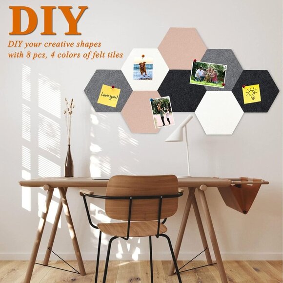 8Pcs Hexagon Felt Cork Board Tiles, Self Adhesive DIY Bulletin Board Pin Board f - Picture 3 of 7